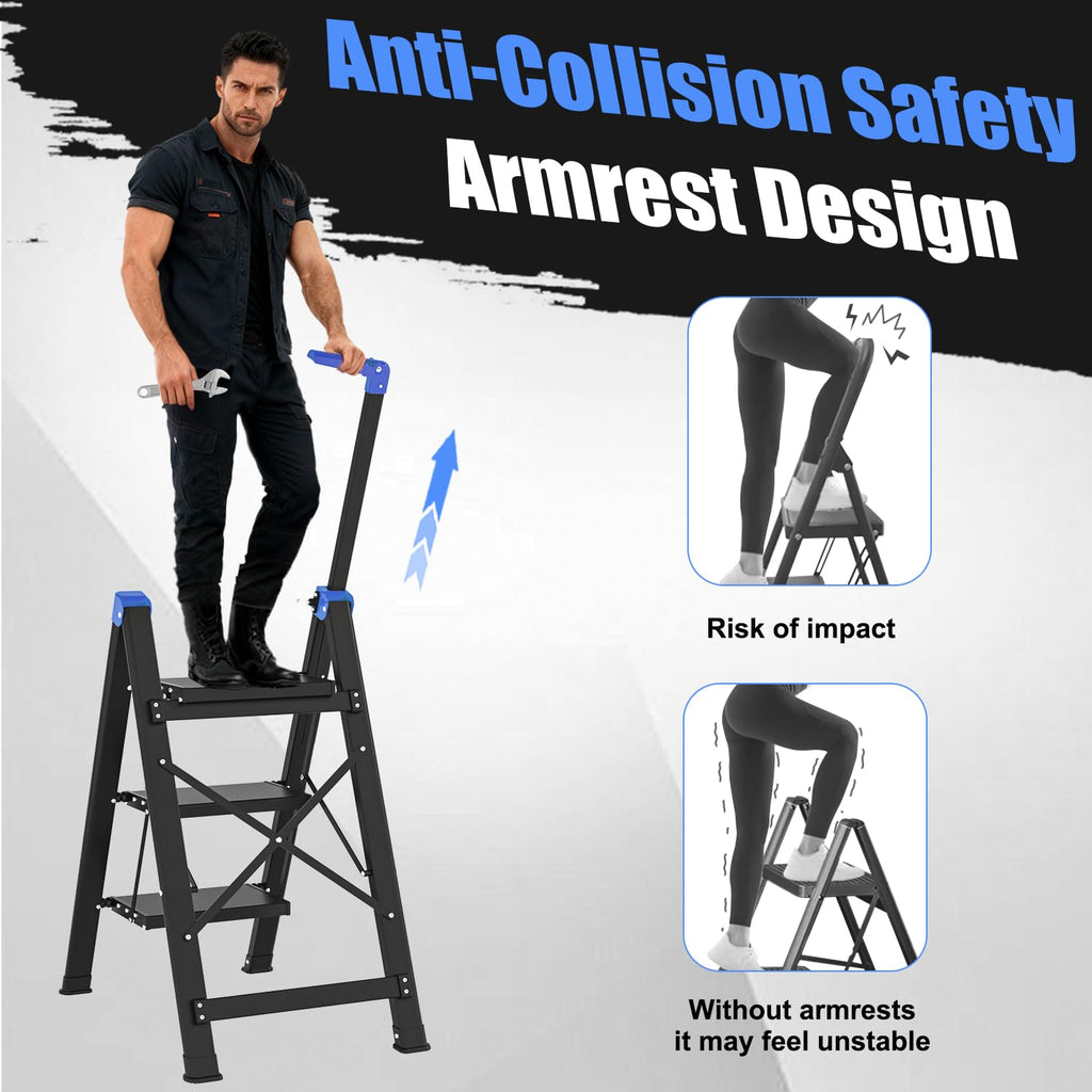 3 Step Foldable Stool with Single-Handrail Blue T70892