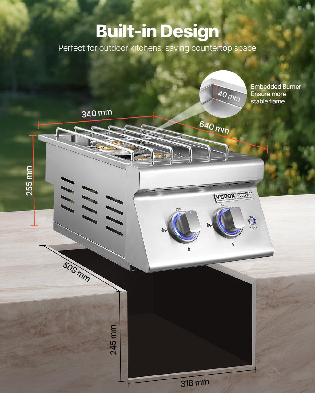 Double Side Burners, 2 x 17,000BTU Liquid Propane, Convertible to Natural Gas, 304 Stainless Steel Built-in C448457