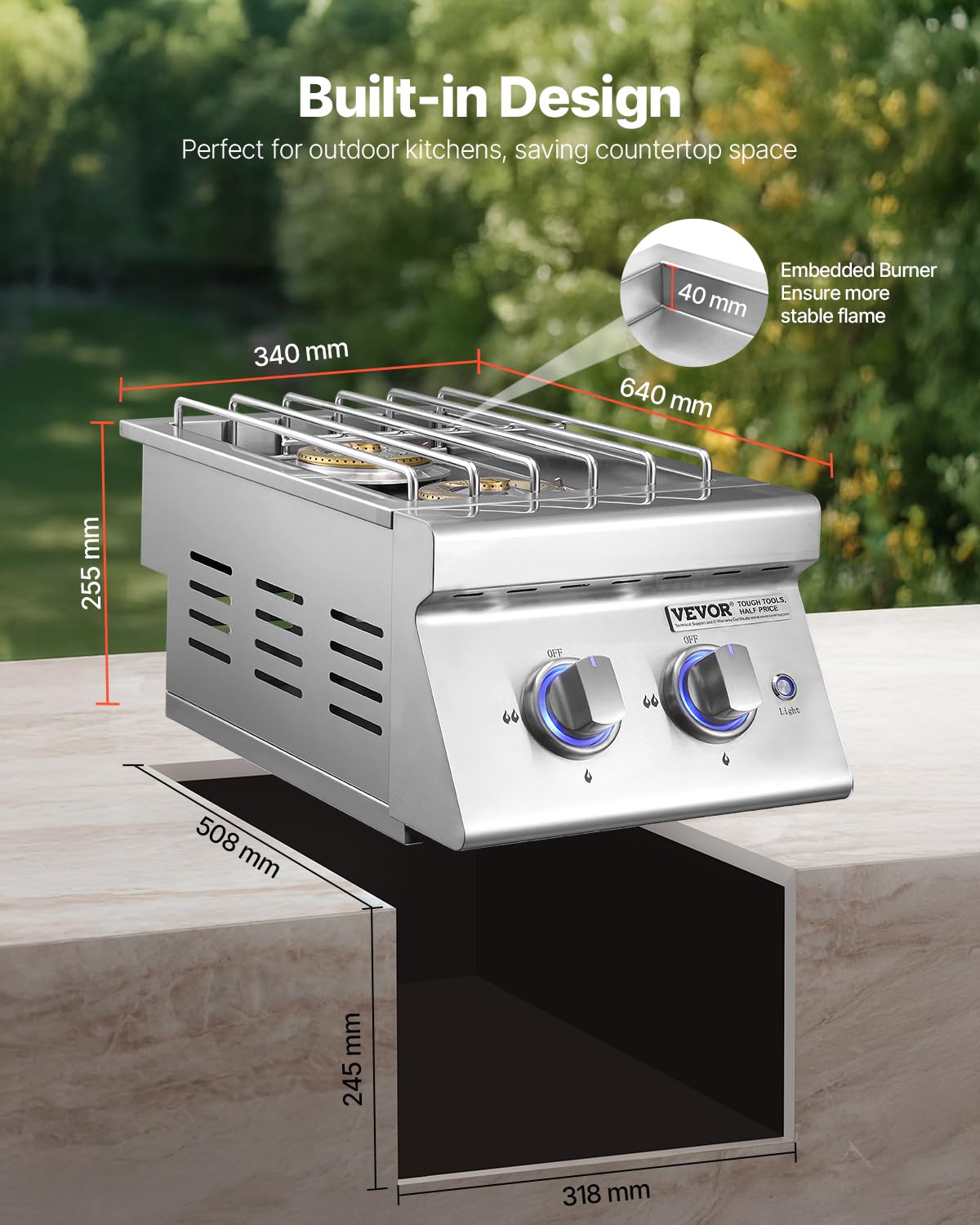 Double Side Burners, 2 x 17,000BTU Liquid Propane, Convertible to Natural Gas, 304 Stainless Steel Built-in C448457