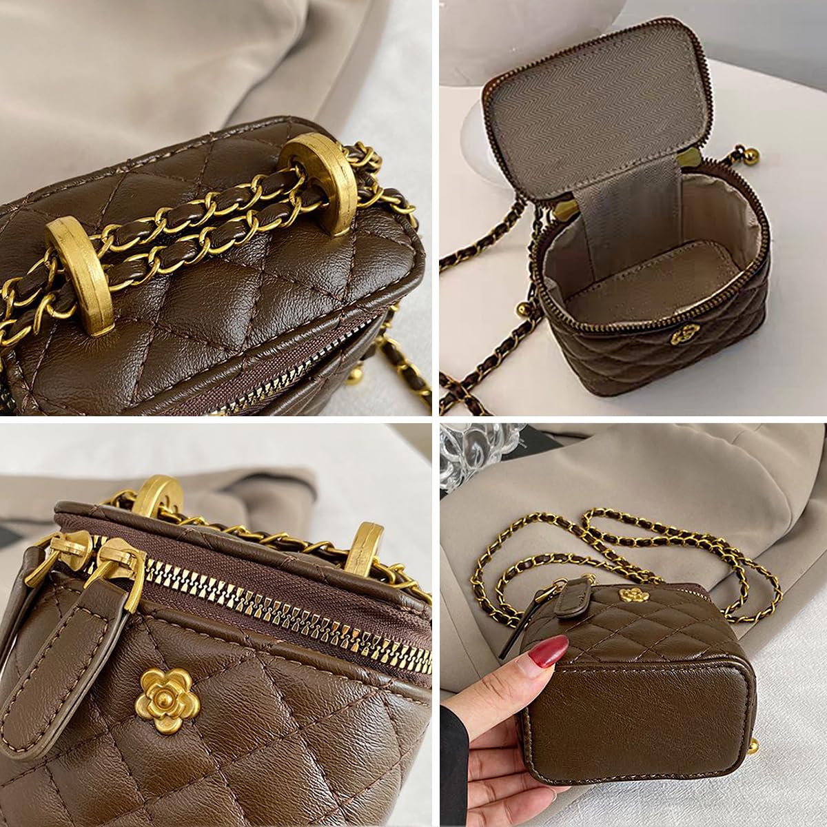 Quilted Leather Crossbody Bag with Chain Strap Y7682