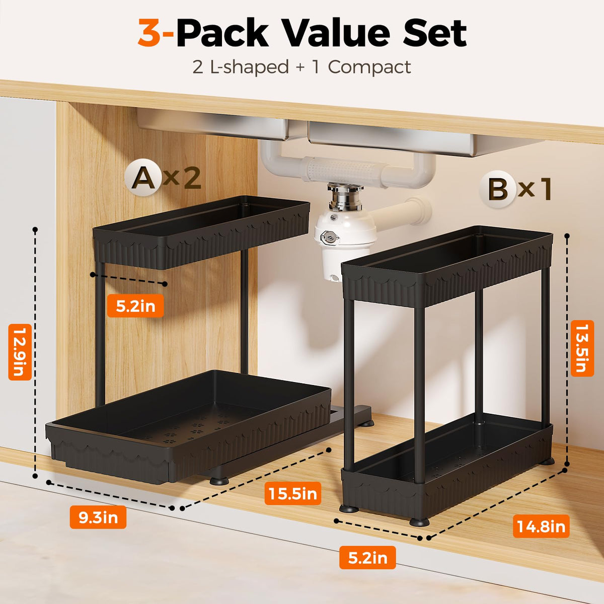 3-Pack 2-Tier L-Shaped Under Sink Organizers with Sliding Drawers Z6390