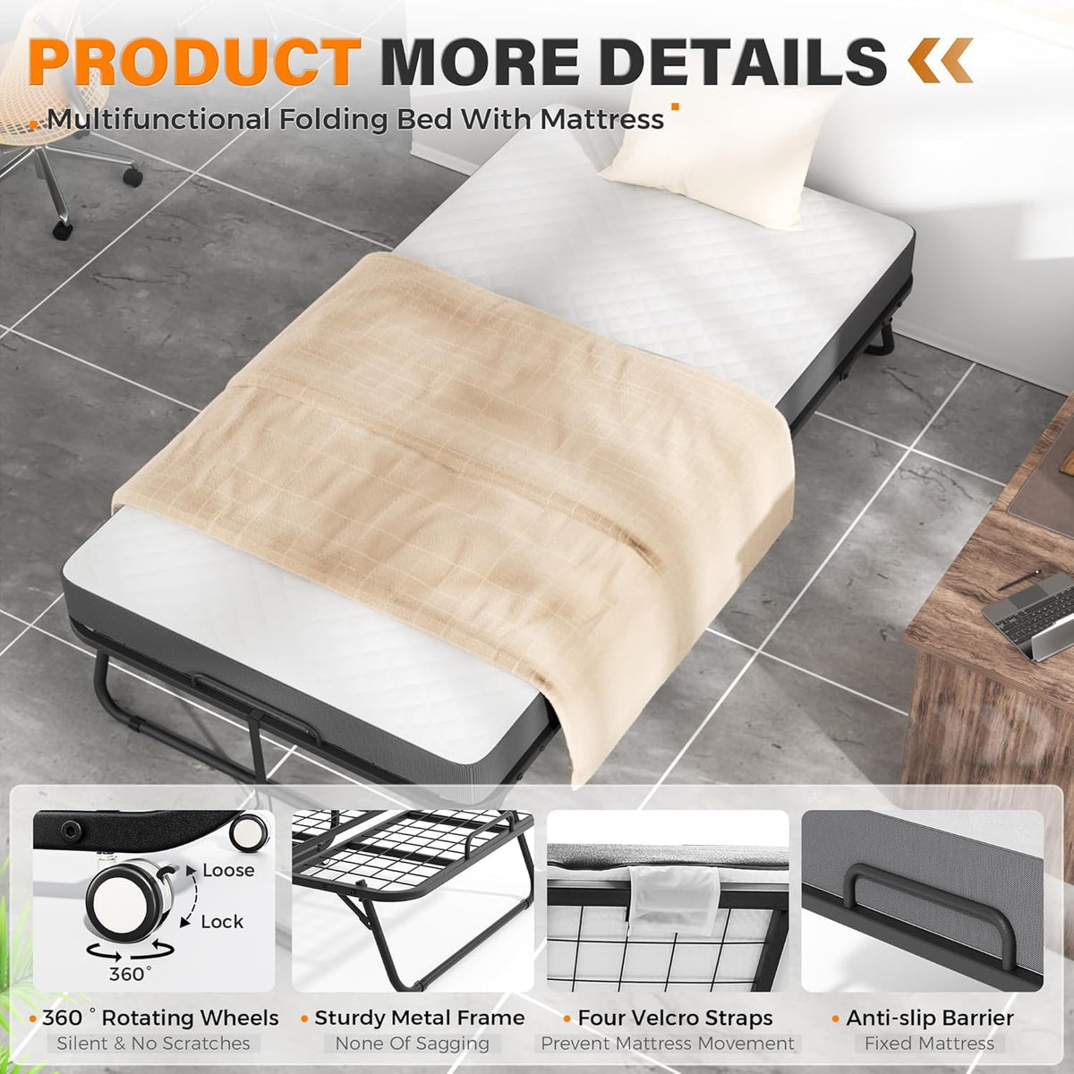 Foldable Single Bed with 5" Memory Foam Mattress and Wheels V548