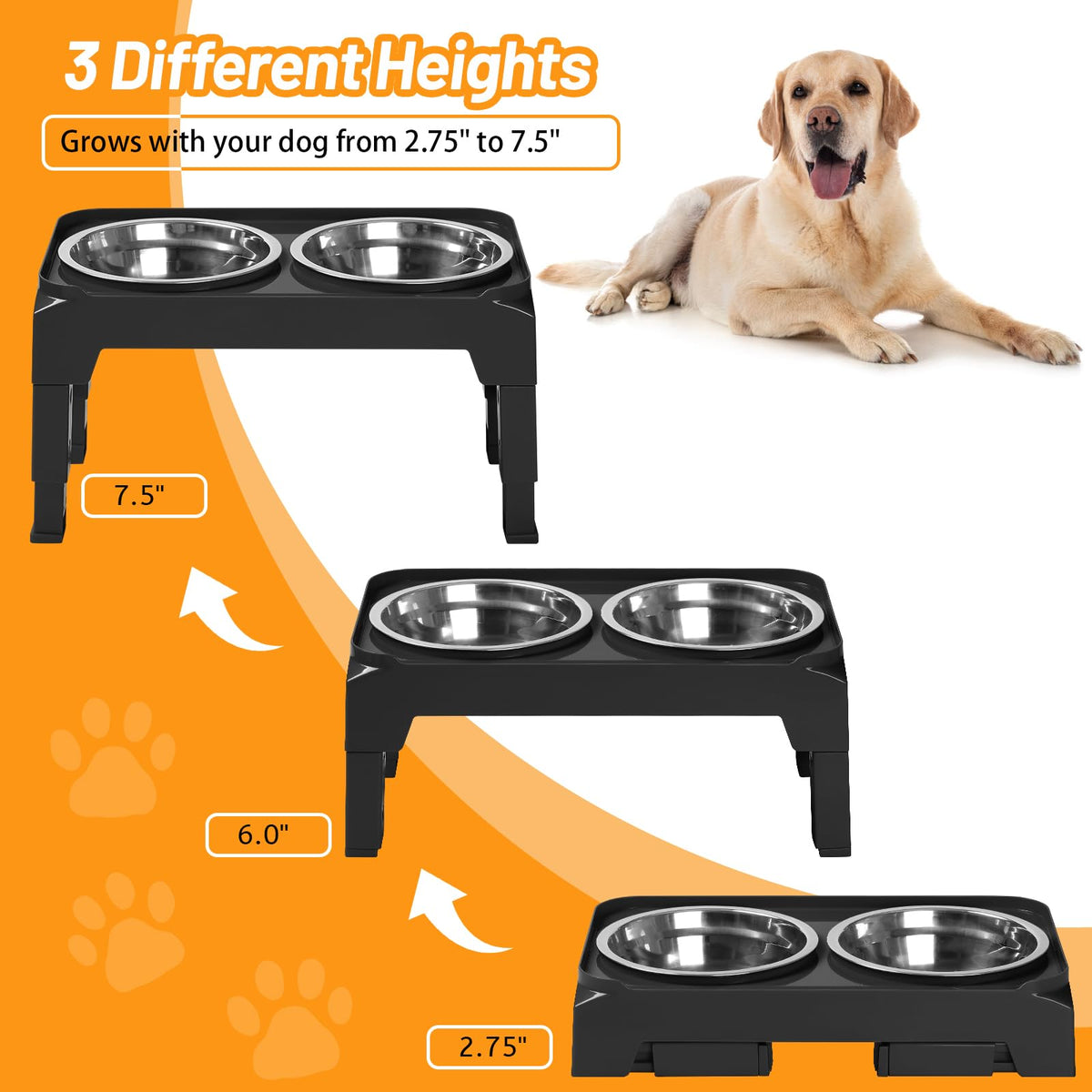 Elevated Dog Bowls with 2 Stainless Steel Bowls Non-Slip Adjusts to 3 Heights F55651