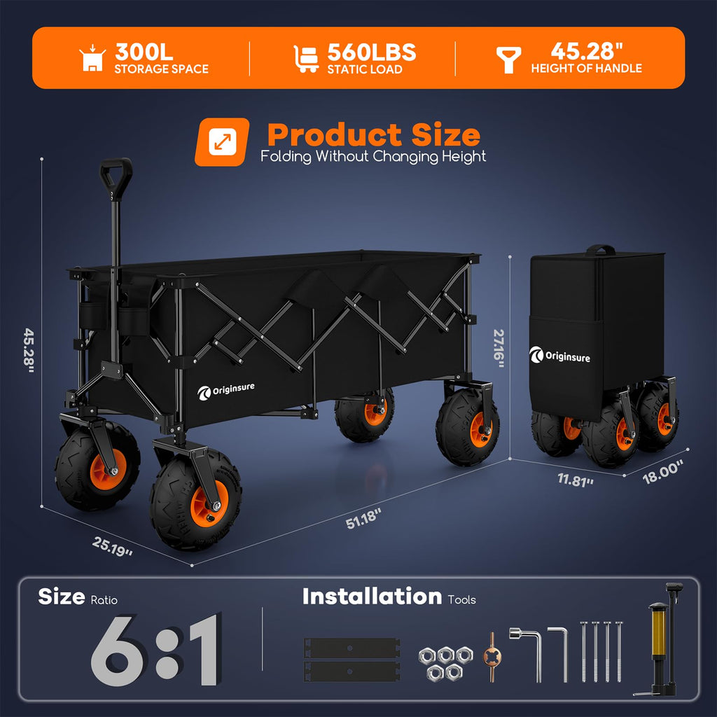 Collapsible Beach Wagon with Balloon Wheels, 560lbs, Black B87491