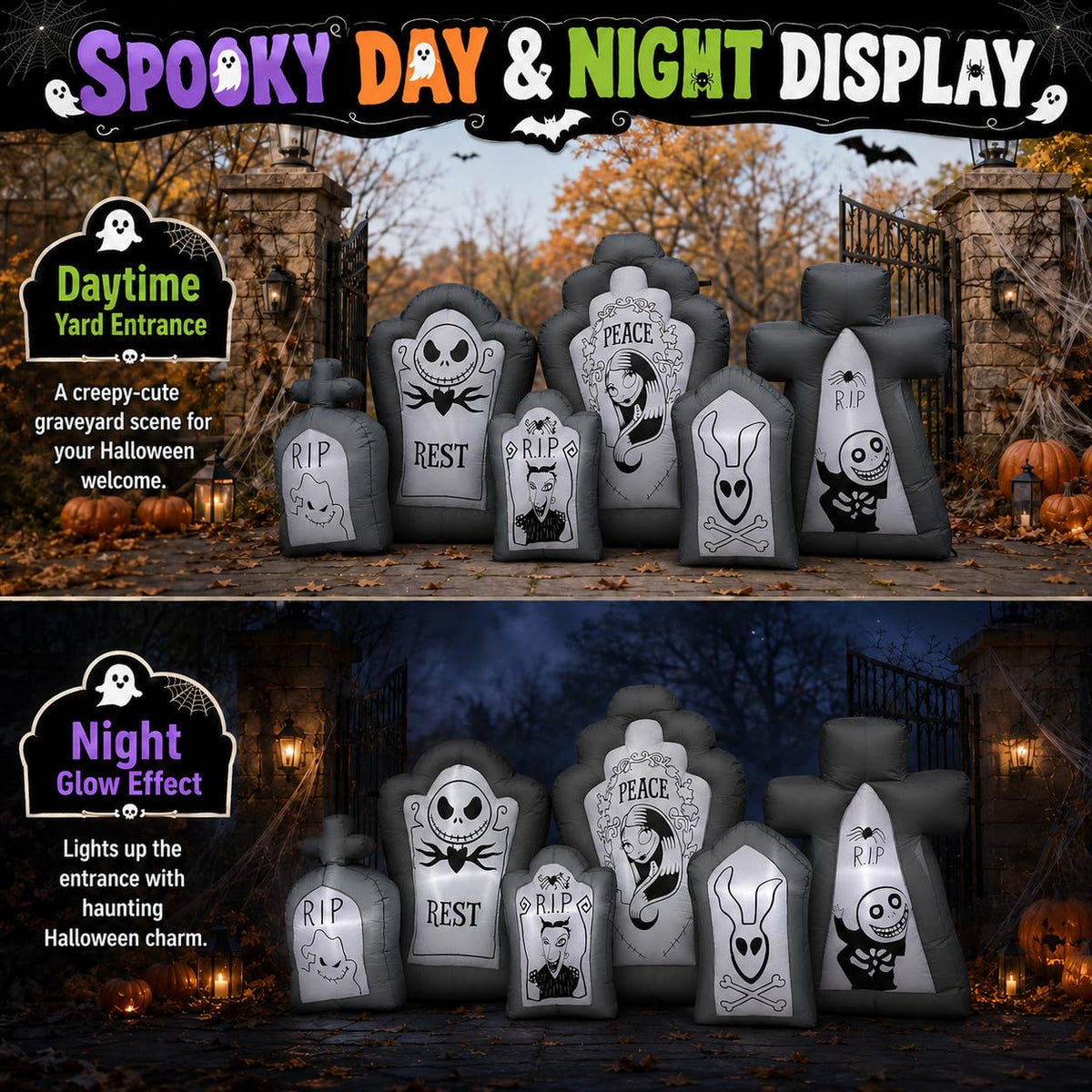 6.9FT Inflatable Tombstone Set with Built-in LED Lights D667