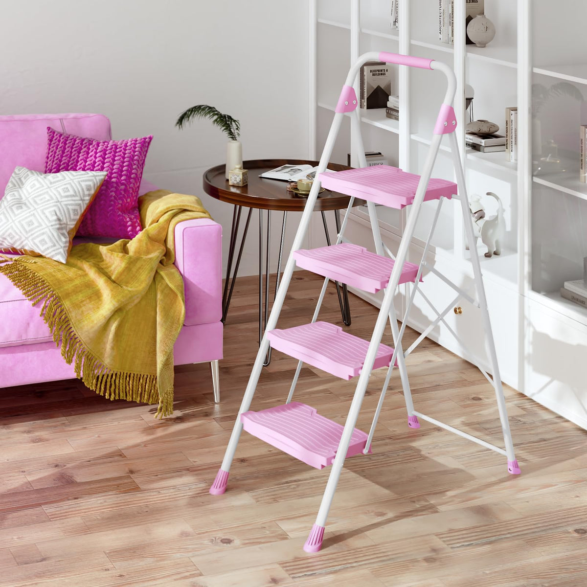 4 Step Pink Foldable Step Stool with Handrail L537