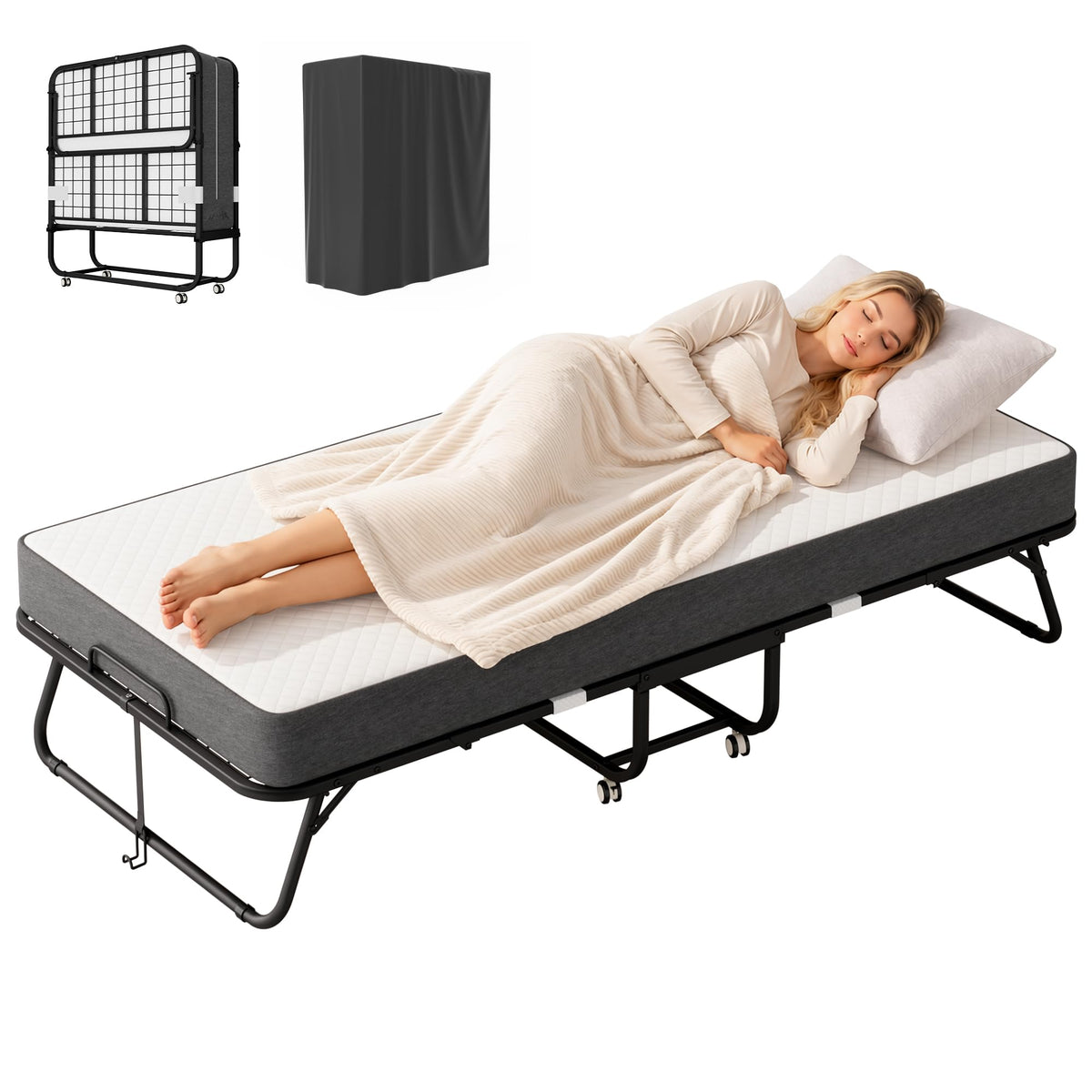 Foldable Single Bed with 5" Memory Foam Mattress and Wheels V548