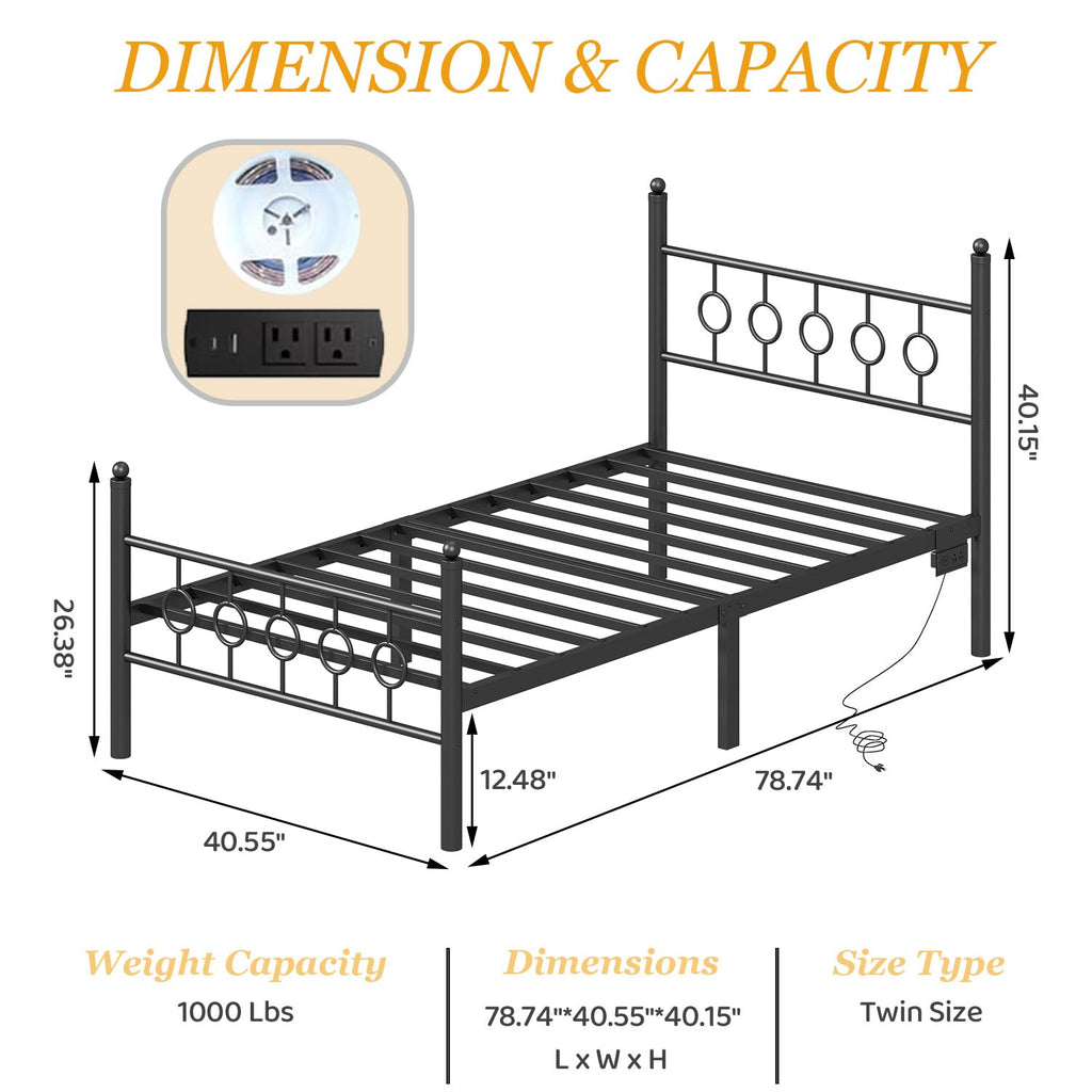 Black Twin Metal Platform Bed Frame with Headboard P2472