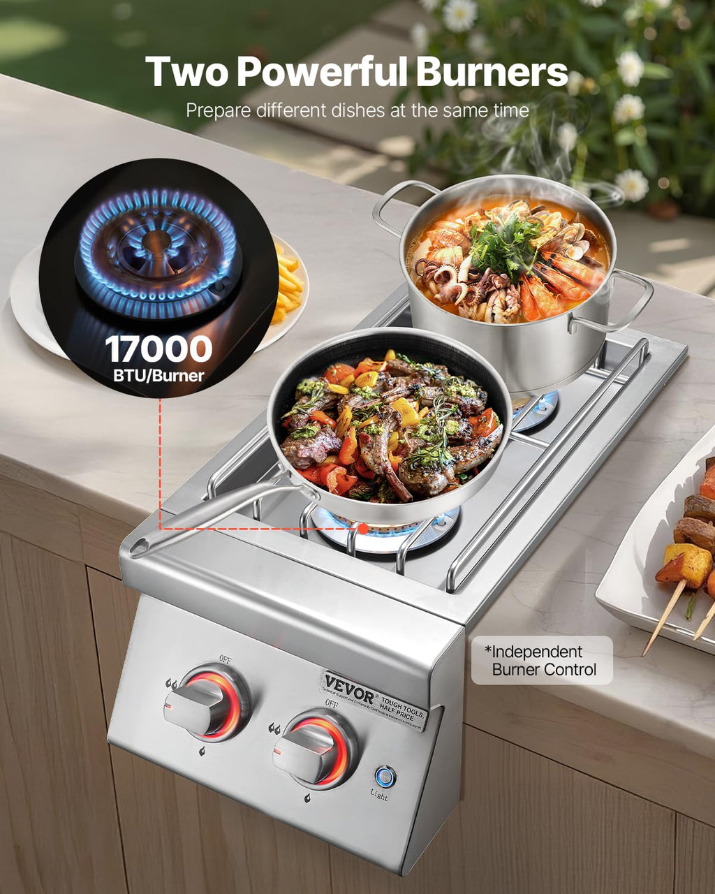 Double Side Burners, 2 x 17,000BTU Liquid Propane, Convertible to Natural Gas, 304 Stainless Steel Built-in C448457