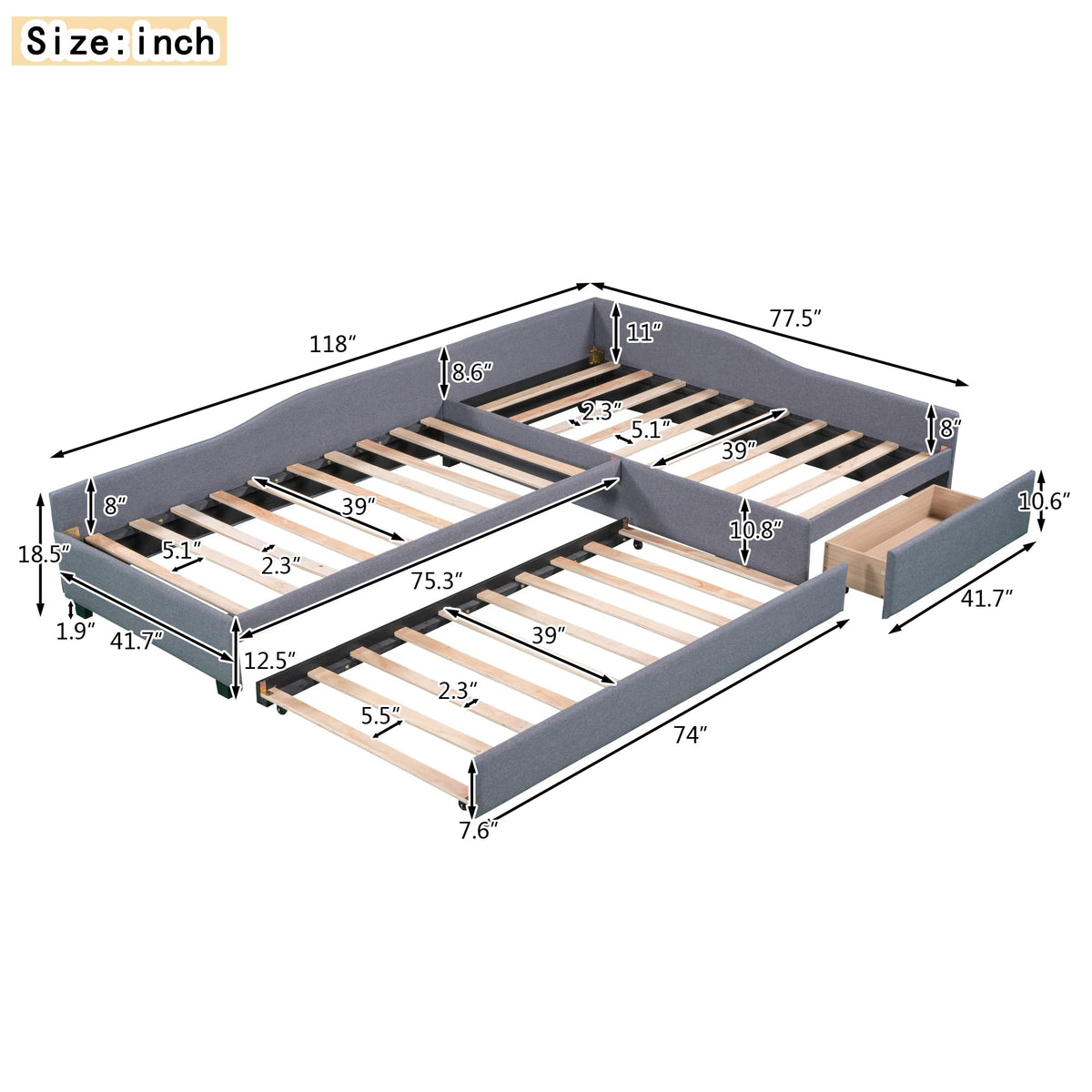 L Shaped Twin Daybed with Trundle and Storage Drawers N936