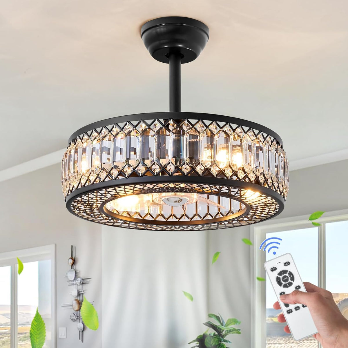 20" Black Crystal Ceiling Fan with Lights F761