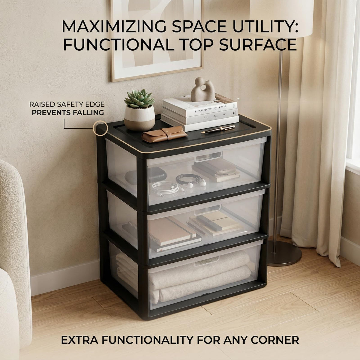 Black 3 Drawer Storage Organizer Tower with Clear Plastic Bins O976714