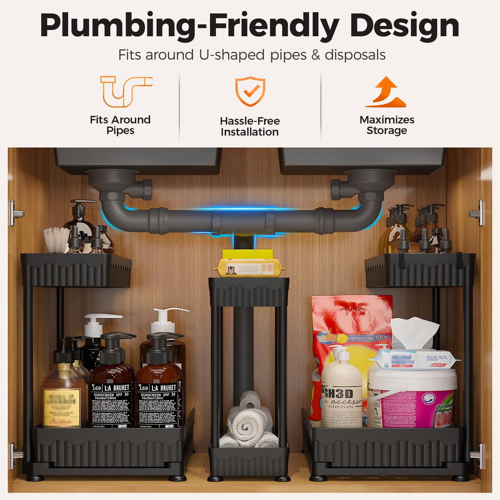 3-Pack 2-Tier L-Shaped Under Sink Organizers with Sliding Drawers Z6390