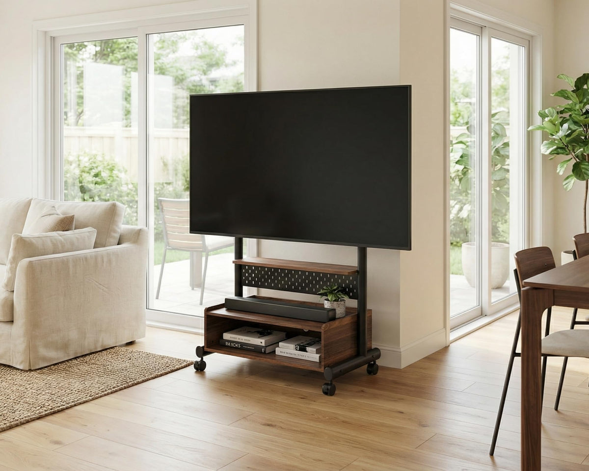 Rolling TV Floor Stand for 40-85in TVs, Height-Adjustable, Walnut X3607