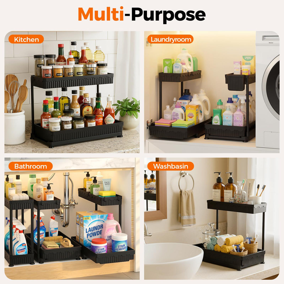 3-Pack 2-Tier L-Shaped Under Sink Organizers with Sliding Drawers Z6390
