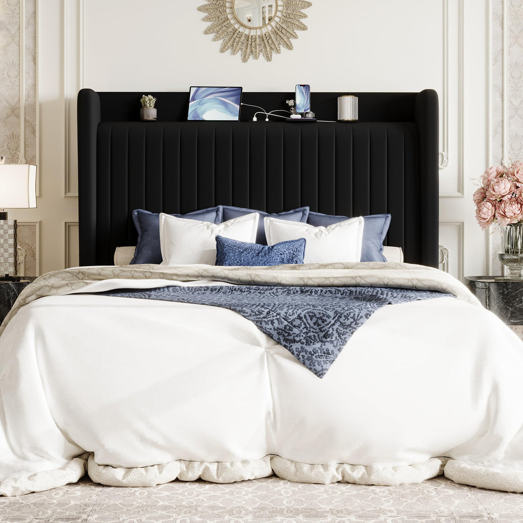 Queen Size Black Velvet Bed Frame with Shelf M39919