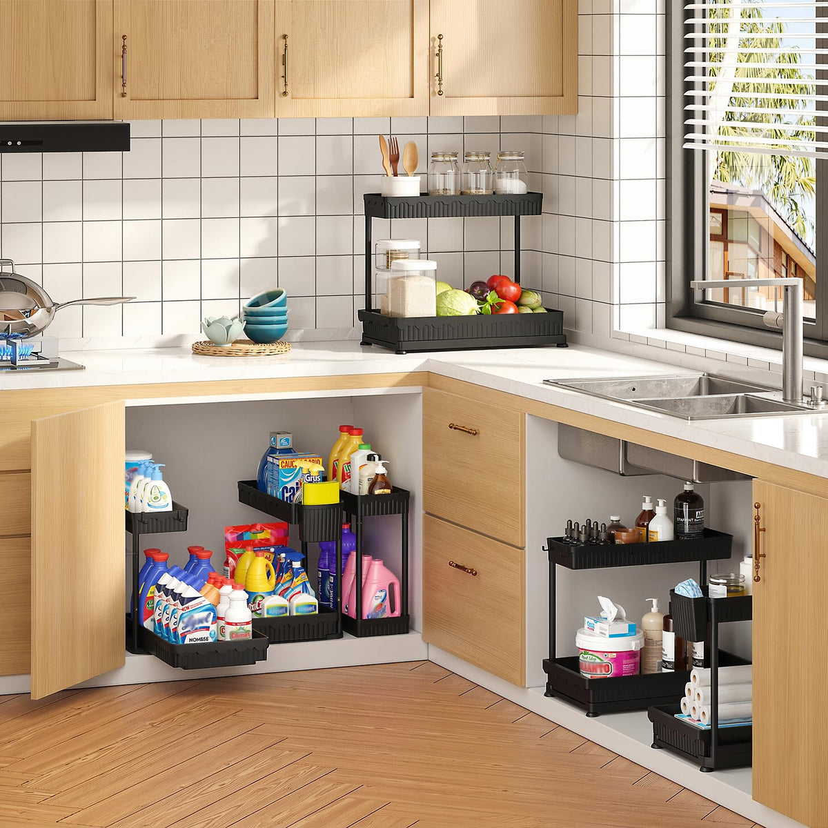 3-Pack 2-Tier L-Shaped Under Sink Organizers with Sliding Drawers Z6390