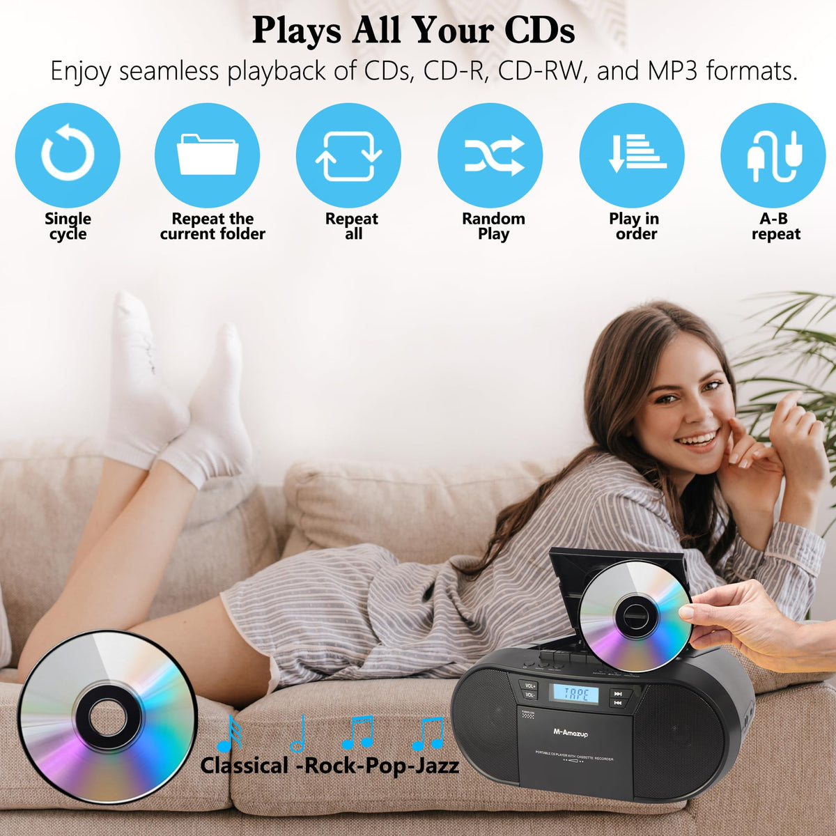 Portable CD Cassette Boombox with Bluetooth MP3 USB FM Radio S448