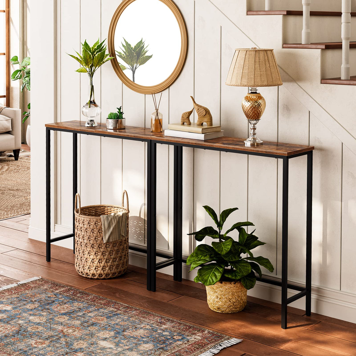 Narrow Console Table, Rustic Brown and Black U291636