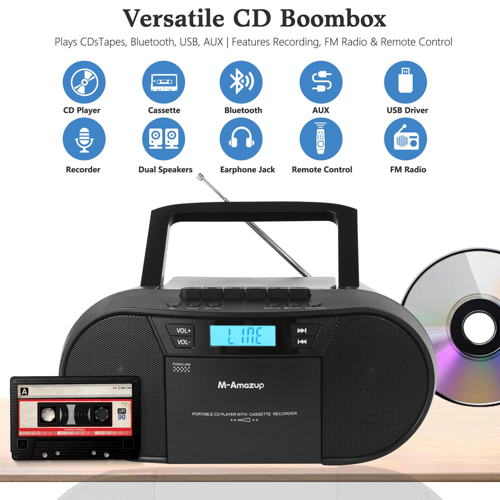 Portable CD Cassette Boombox with Bluetooth MP3 USB FM Radio S448
