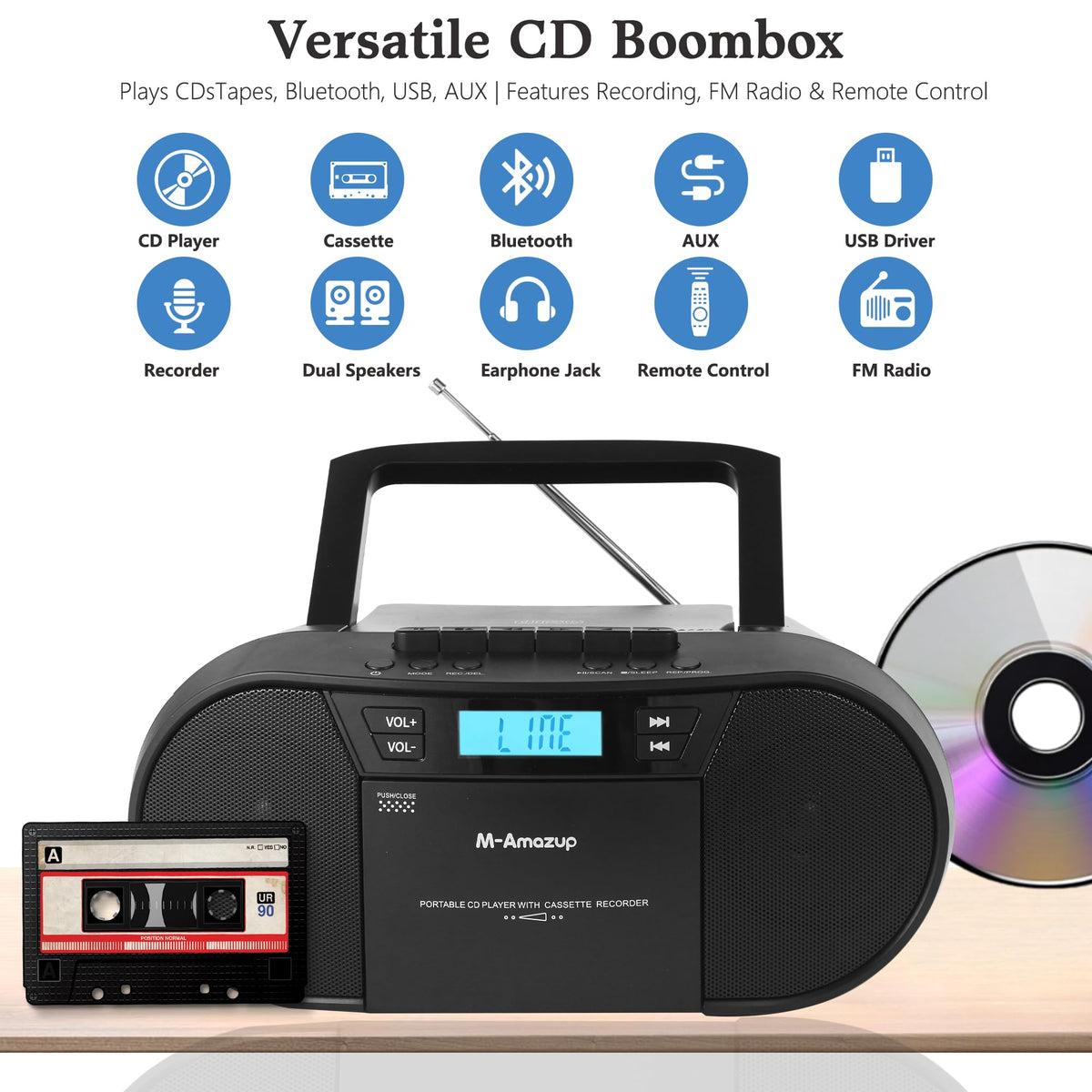 Portable CD Cassette Boombox with Bluetooth MP3 USB FM Radio S448