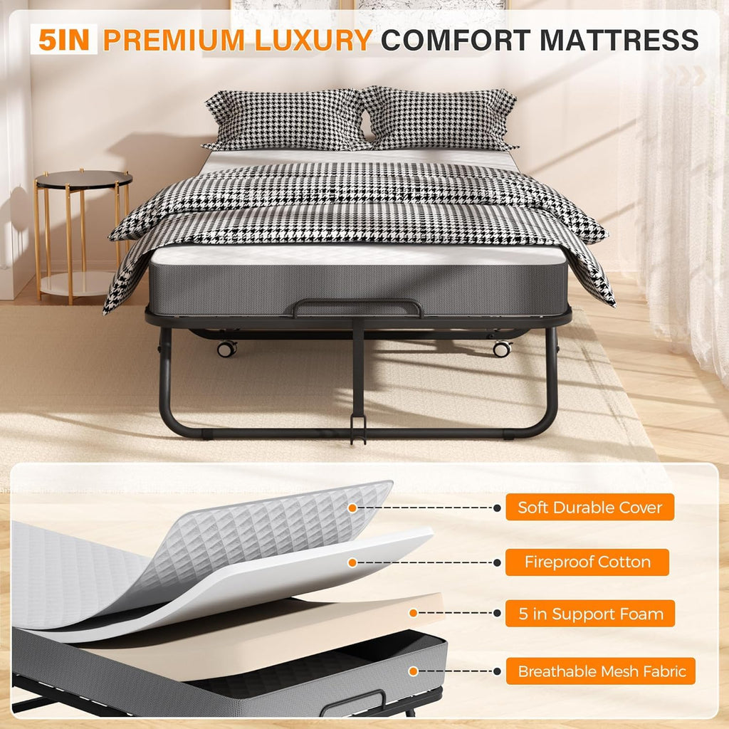 Foldable Single Bed with 5" Memory Foam Mattress and Wheels V548