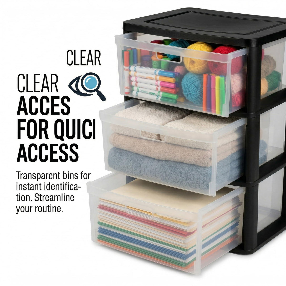 Black 3 Drawer Storage Organizer Tower with Clear Plastic Bins O976714
