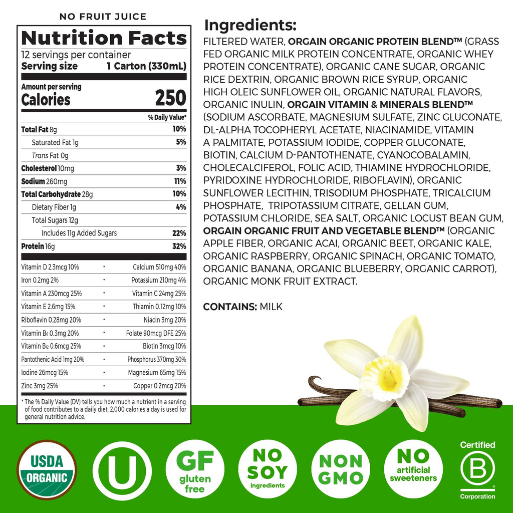 Organic Grass Fed 16g Protein Shake, Vanilla, 11oz, 12pk C748409