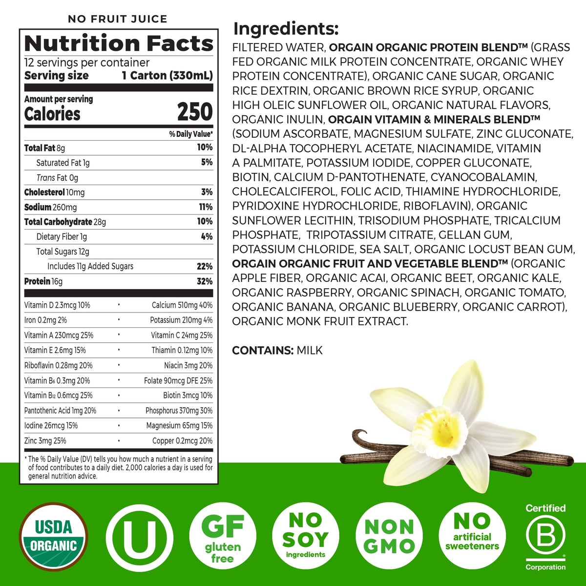 Organic Grass Fed 16g Protein Shake, Vanilla, 11oz, 12pk C748409
