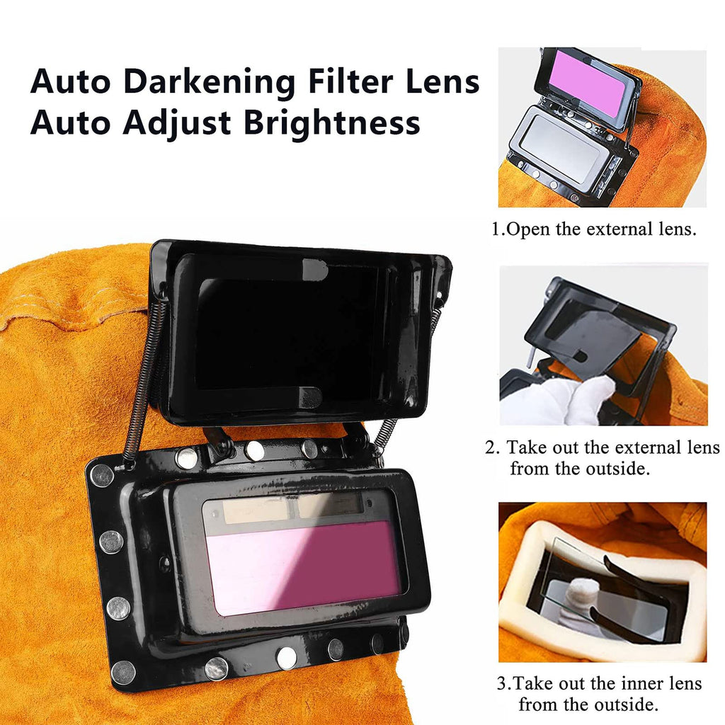 Cowhide Leather Welding Hood with Auto Darkening Filter H409685