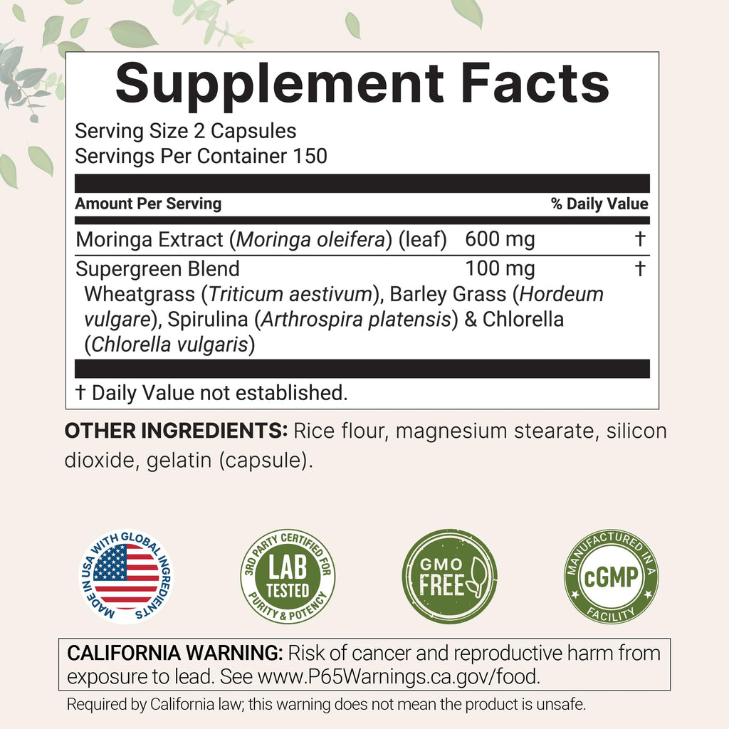 300 Capsules Moringa Oleifera Supergreens Blend Supplement F30206