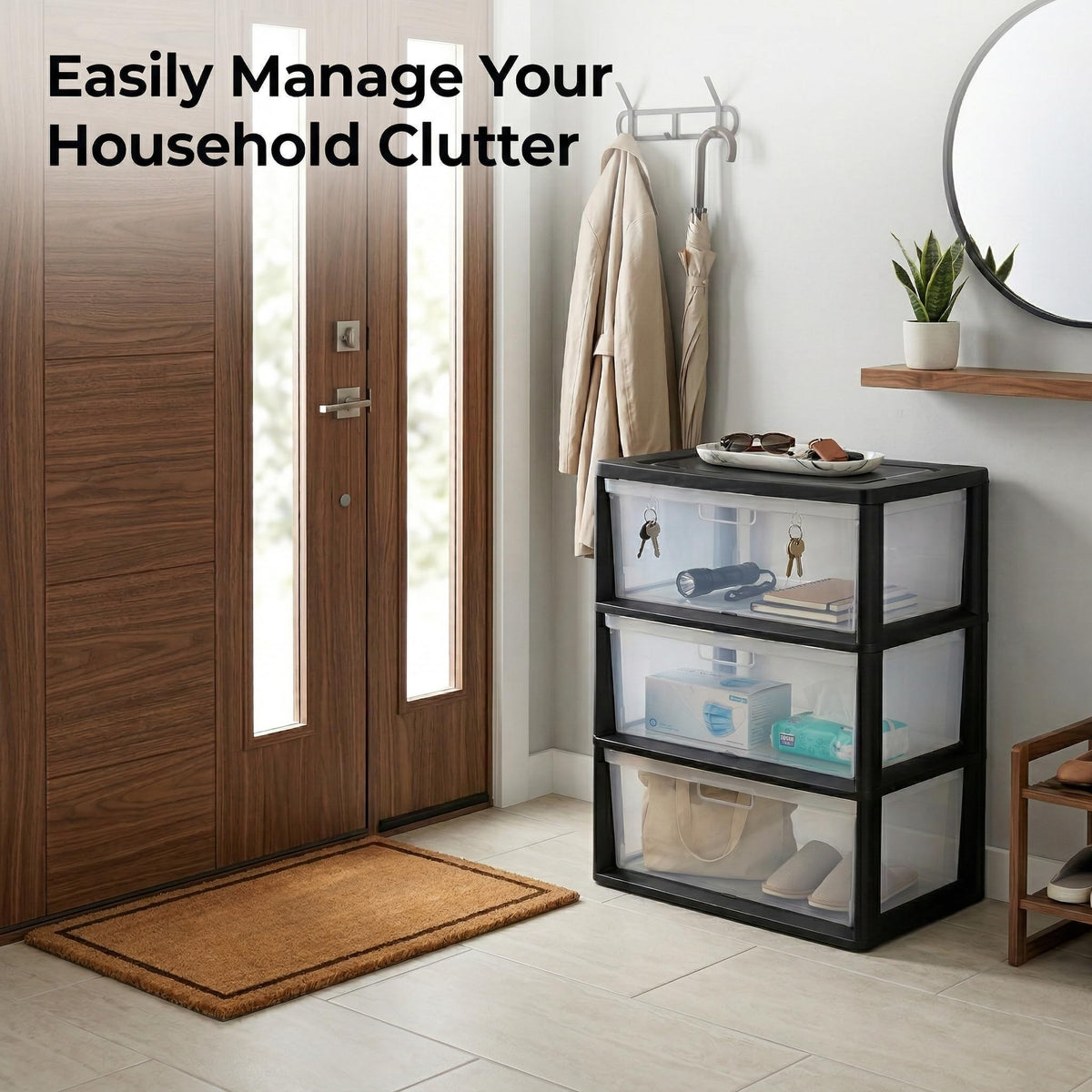 Black 3 Drawer Storage Organizer Tower with Clear Plastic Bins O976714