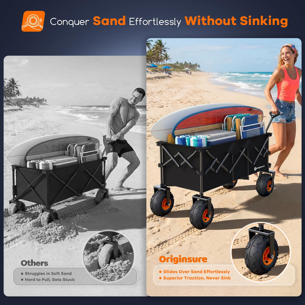 Collapsible Beach Wagon with Balloon Wheels, 560lbs, Black B87491