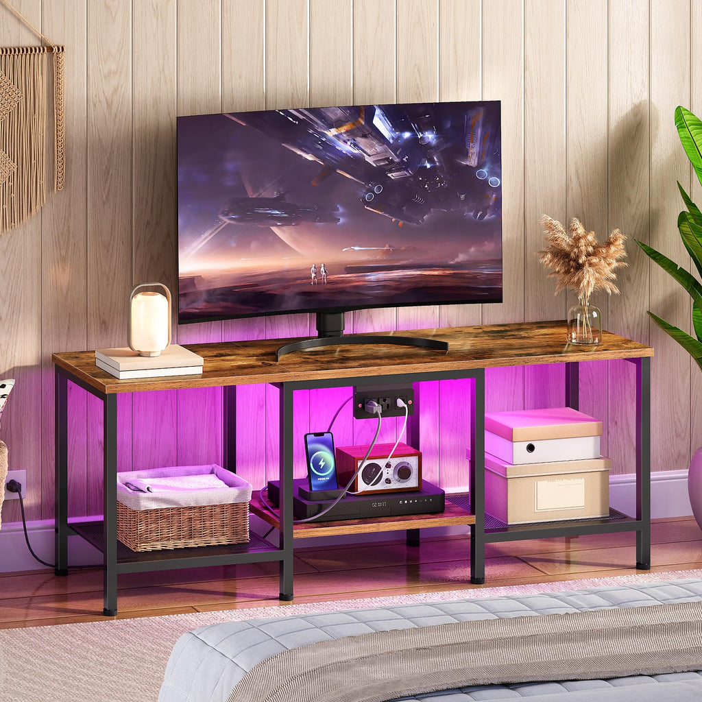 Rustic Brown and Black TV Stand with Charging Station O901627
