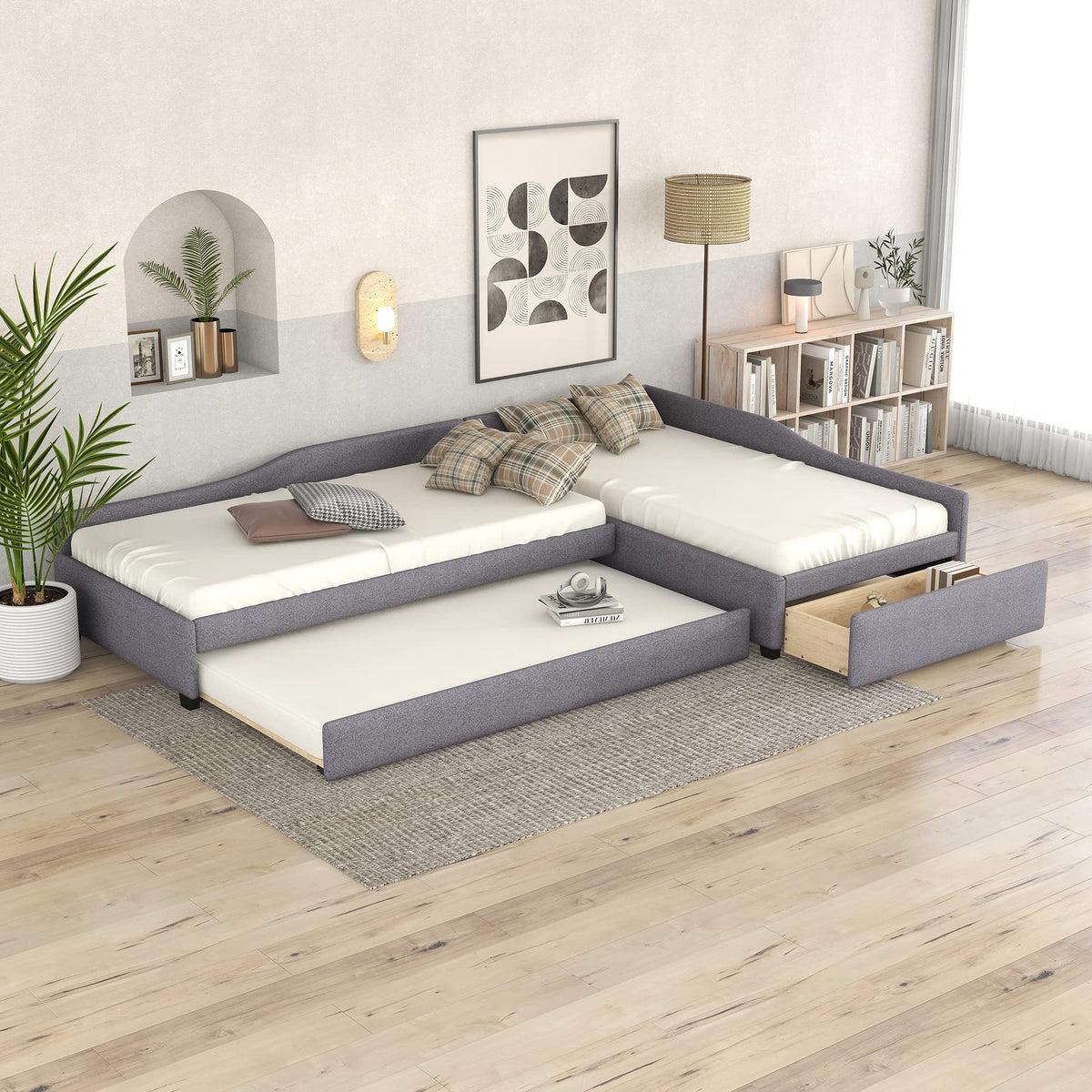 L Shaped Twin Daybed with Trundle and Storage Drawers N936