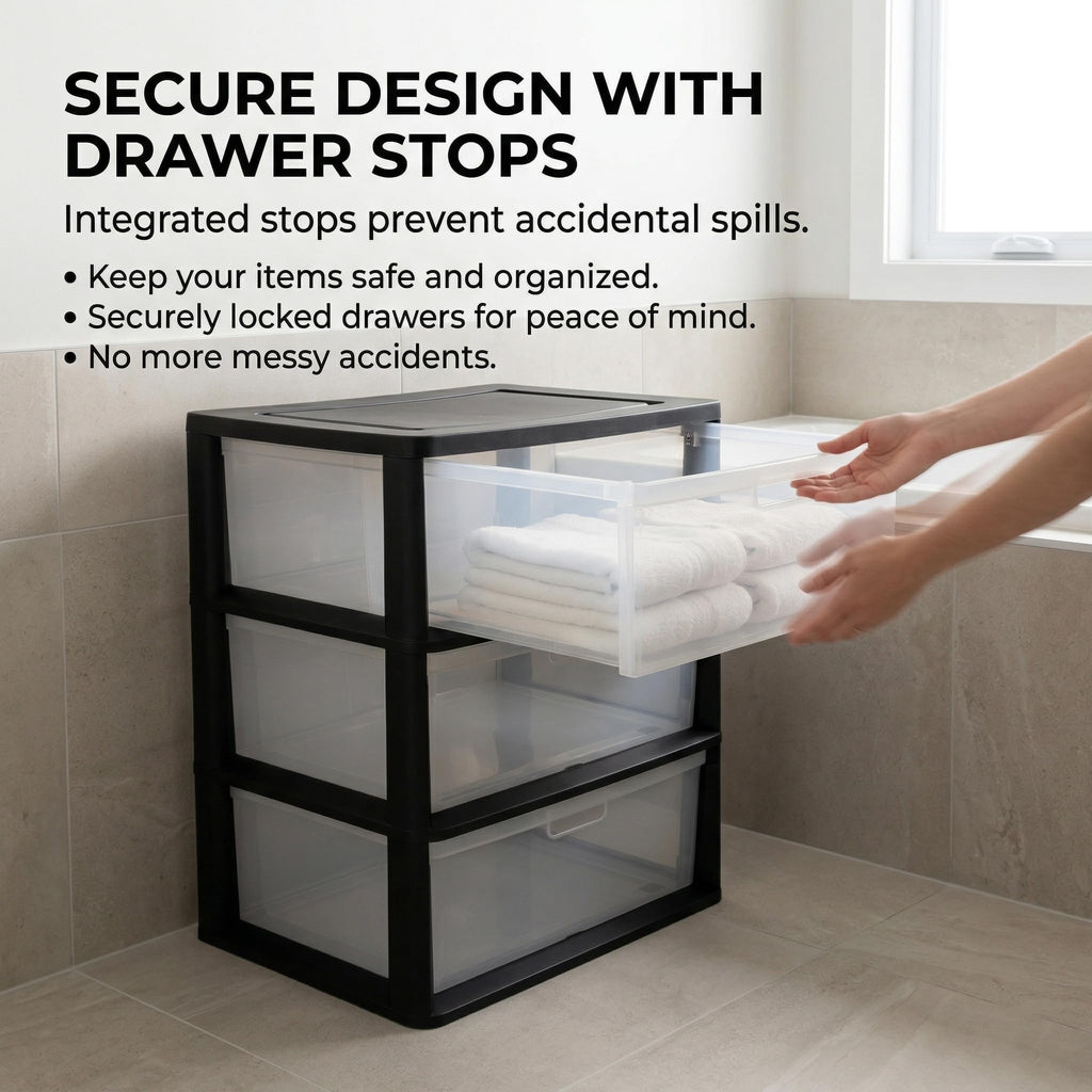 Black 3 Drawer Storage Organizer Tower with Clear Plastic Bins O976714