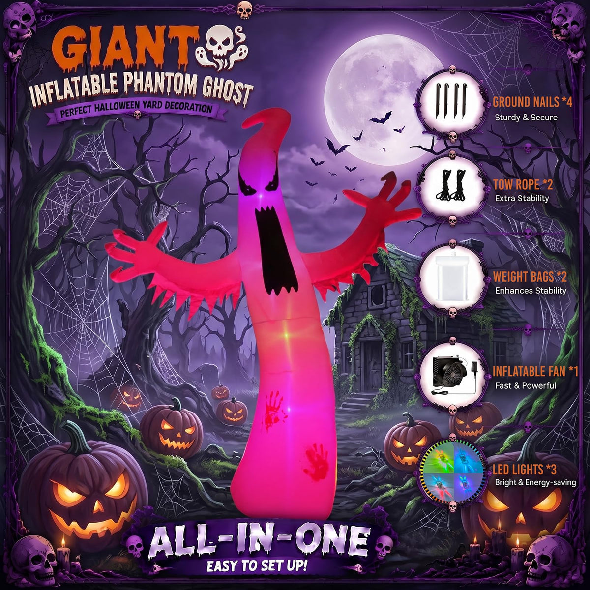 8 FT Halloween Inflatable Ghost Outdoor Decoration with Colorful LEDs M63953