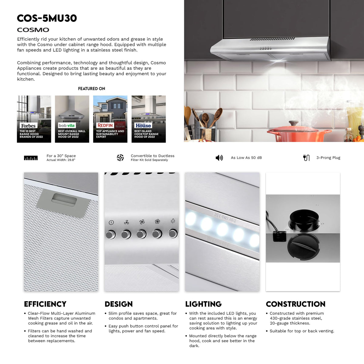 30 in. Under Cabinet Range Hood with LED Lights, Stainless Steel U8358