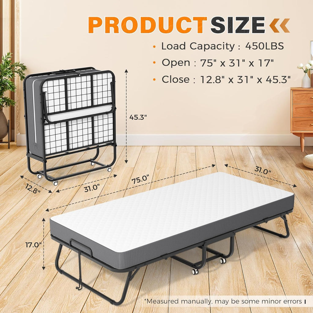 Foldable Single Bed with 5" Memory Foam Mattress and Wheels V548