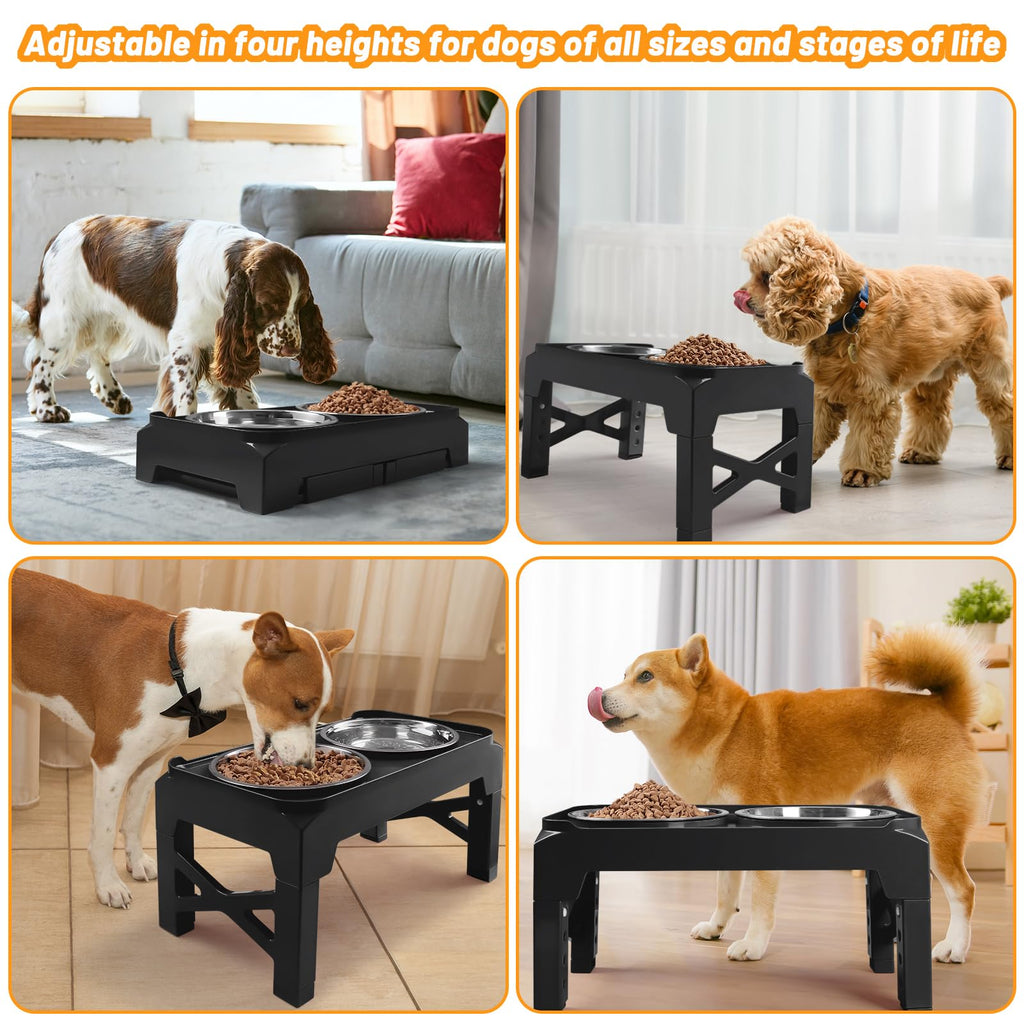 Elevated Dog Bowls with 2 Stainless Steel Bowls Non-Slip Adjusts to 3 Heights F55651