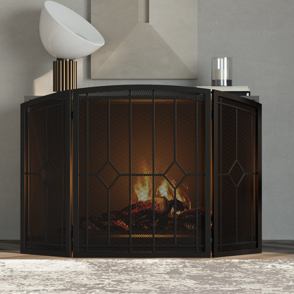 Wrought Iron Fireplace Screen 48"x30" Black Spark Guard T77194