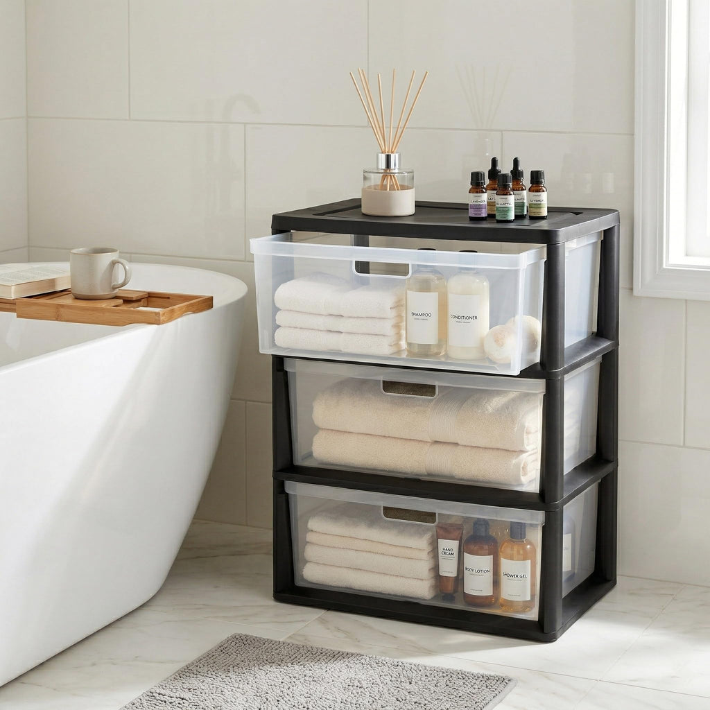Black 3 Drawer Storage Organizer Tower with Clear Plastic Bins O976714