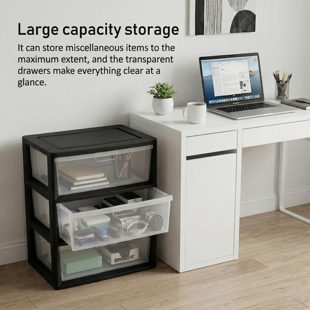 Black 3 Drawer Storage Organizer Tower with Clear Plastic Bins O976714