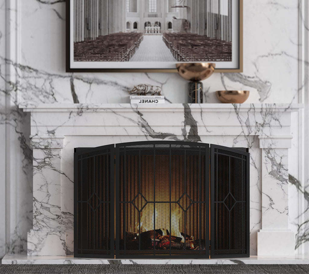 Wrought Iron Fireplace Screen 48"x30" Black Spark Guard T77194