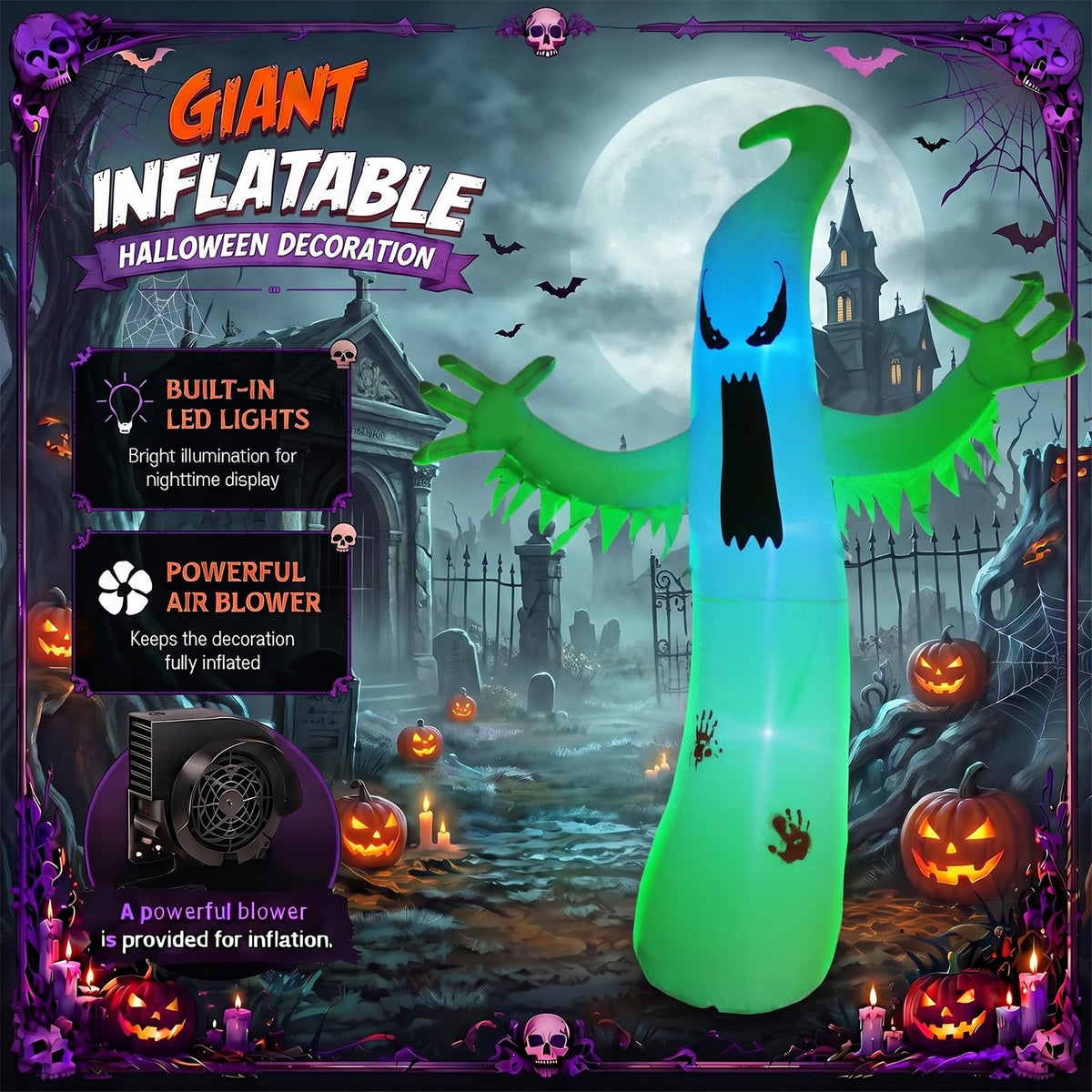 8 FT Halloween Inflatable Ghost Outdoor Decoration with Colorful LEDs M63953