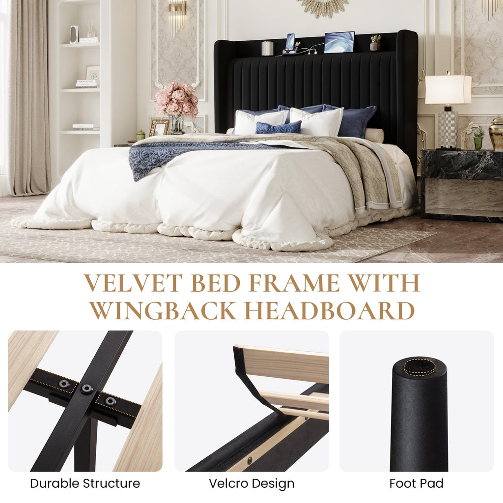 Queen Size Black Velvet Bed Frame with Shelf M39919