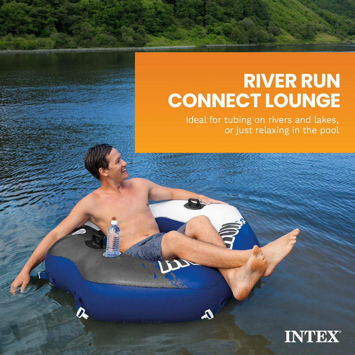 Single Person Inflatable Lounge Tube Chair with Mesh Bottom, Backrest, and Built in Cupholders H55525