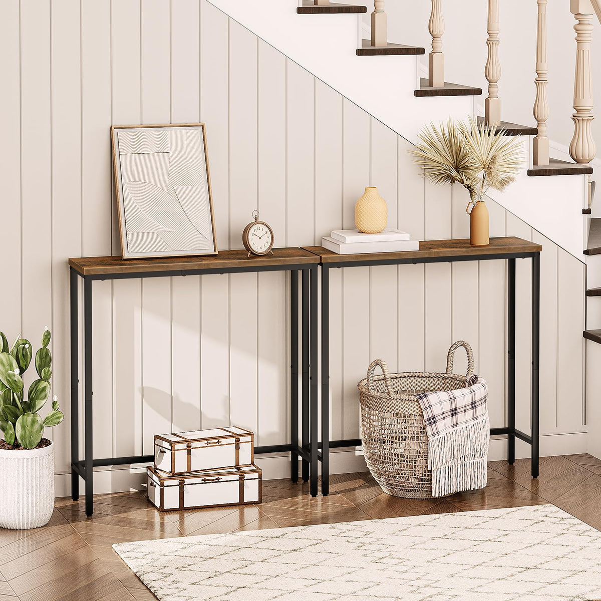 Narrow Console Table, Rustic Brown and Black U291636