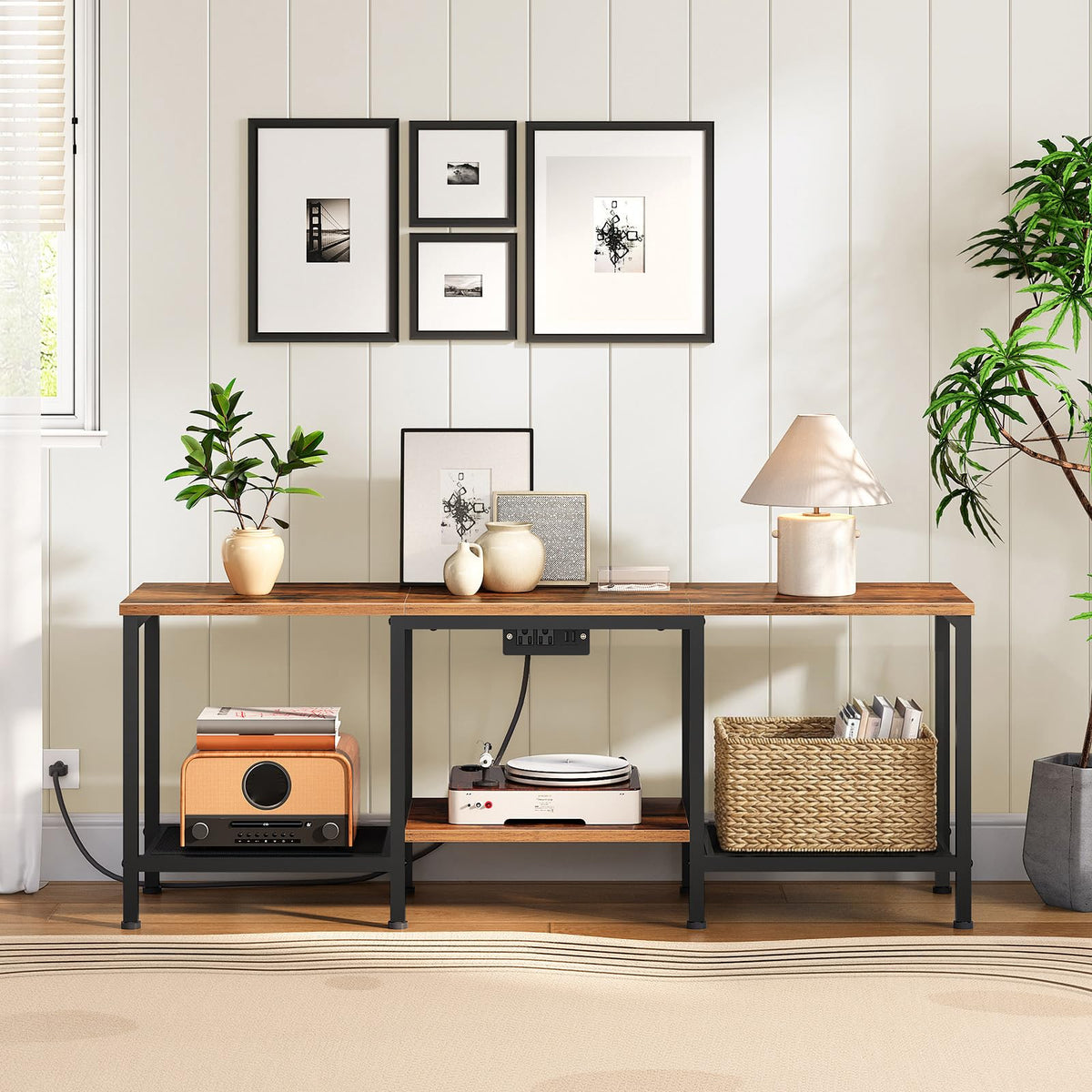 Rustic Brown and Black TV Stand with Charging Station O901627