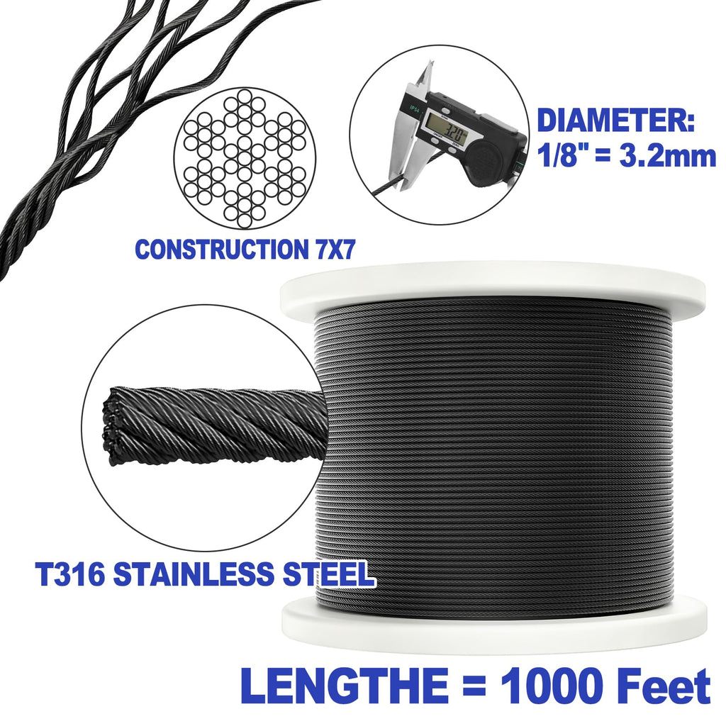 1000FT 1/8" Black T316 Stainless Steel Cable U905